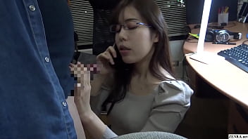 Chinese hotwife on phone with husband while giving blow-job